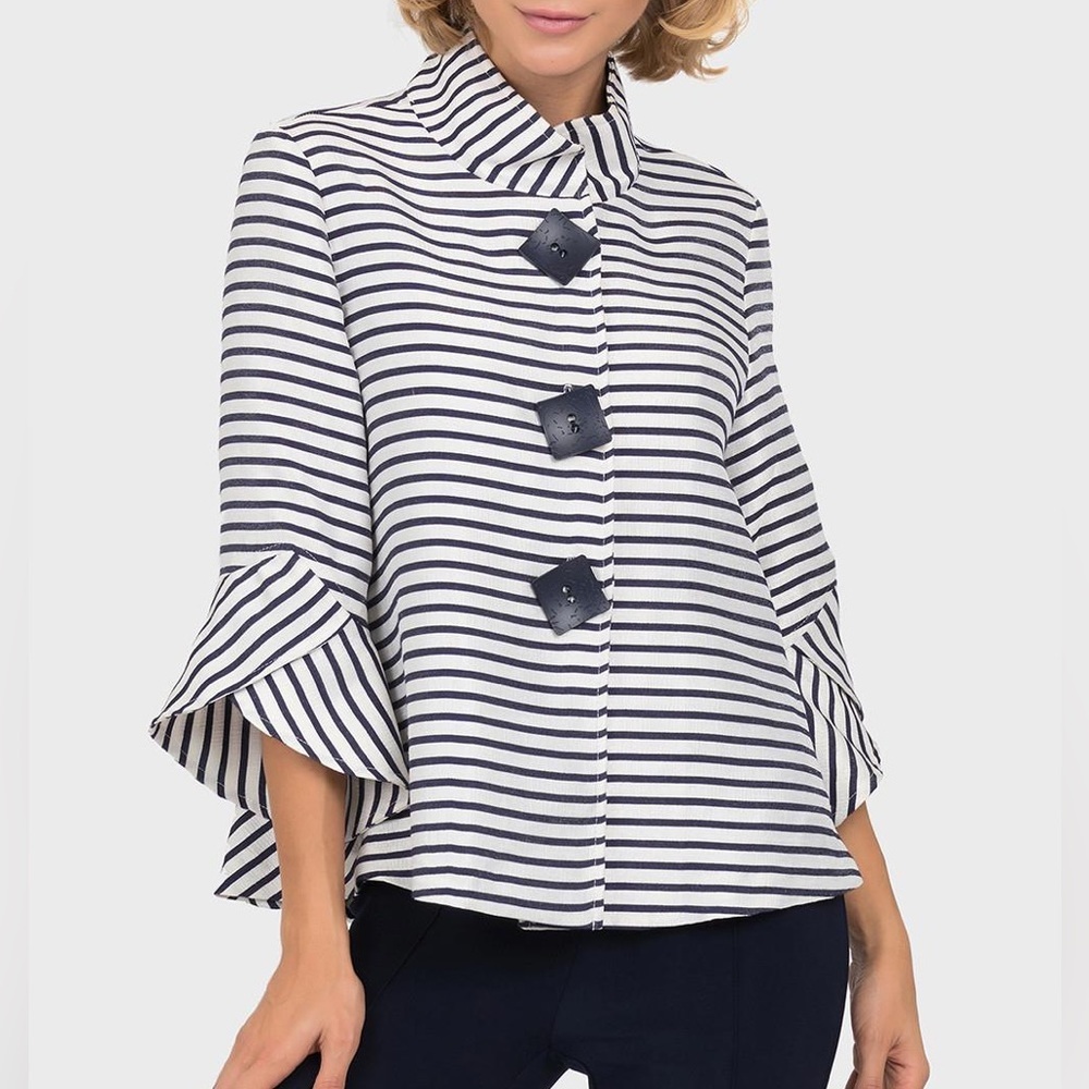 Joseph Ribkoff Jacket Women’s Stripe Navy Cream White Tulip Sleeve Size 8